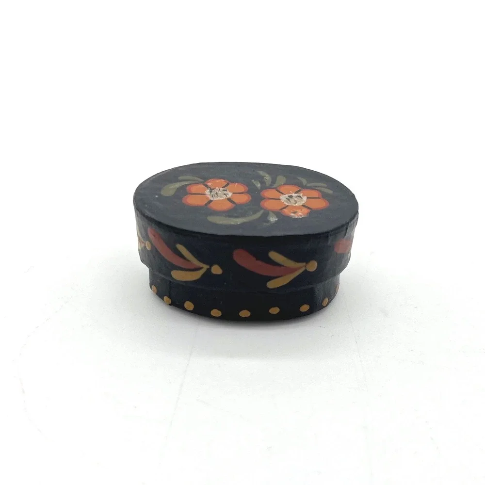 Vintage Folk‎ Art Hand Painted Miniature Trinket Box Floral Black Oval